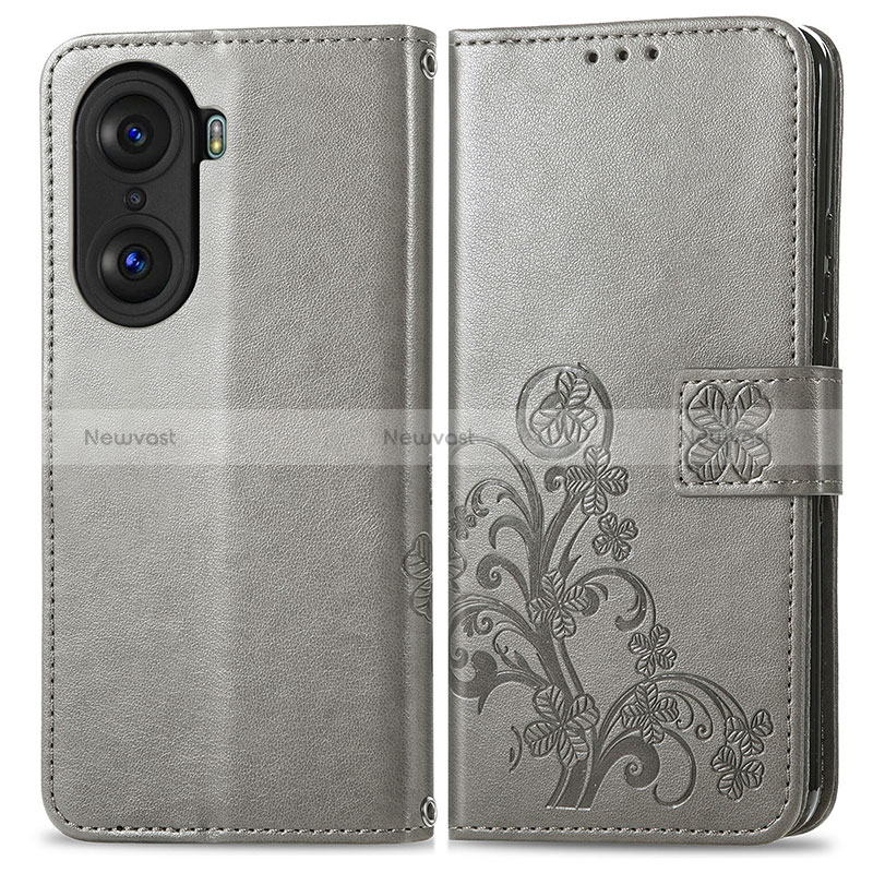 Leather Case Stands Flip Flowers Cover Holder for Huawei Honor 60 5G Gray