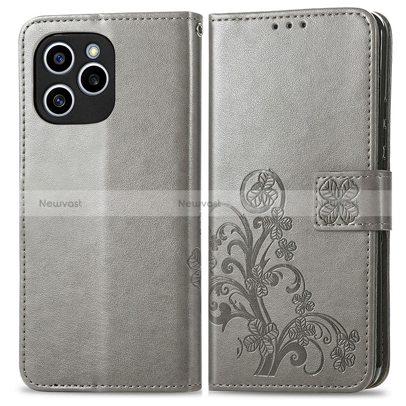 Leather Case Stands Flip Flowers Cover Holder for Huawei Honor 60 SE 5G Gray