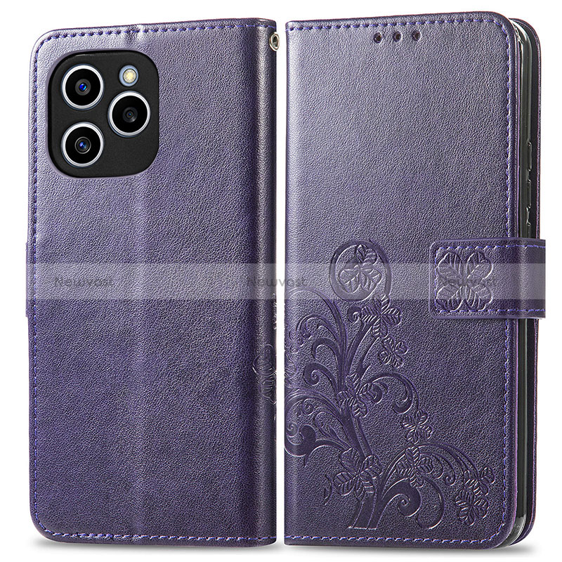 Leather Case Stands Flip Flowers Cover Holder for Huawei Honor 60 SE 5G Purple