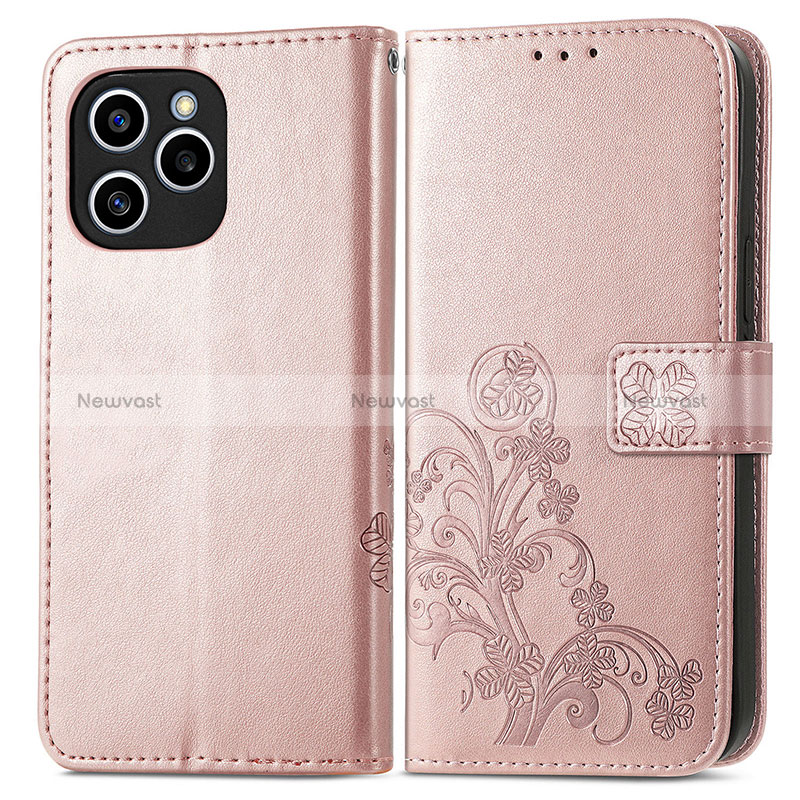 Leather Case Stands Flip Flowers Cover Holder for Huawei Honor 60 SE 5G Rose Gold