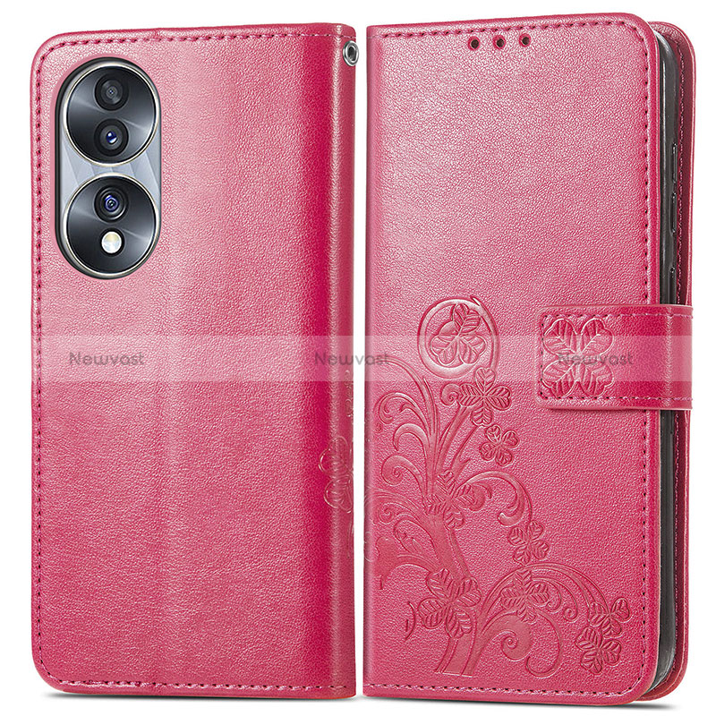 Leather Case Stands Flip Flowers Cover Holder for Huawei Honor 70 5G Hot Pink