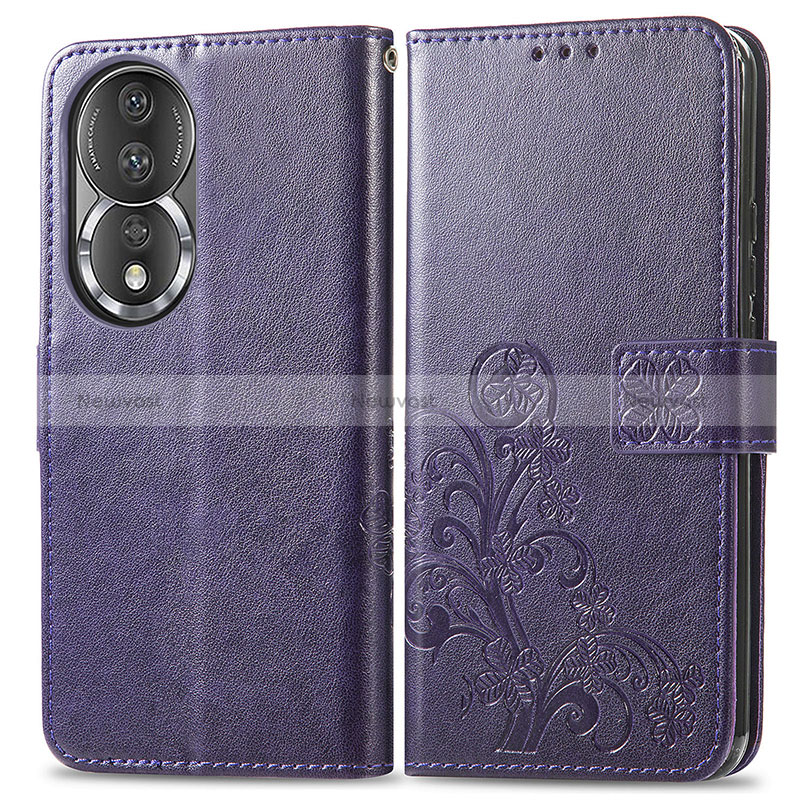 Leather Case Stands Flip Flowers Cover Holder for Huawei Honor 80 5G Purple