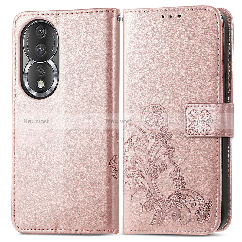 Leather Case Stands Flip Flowers Cover Holder for Huawei Honor 80 5G Rose Gold