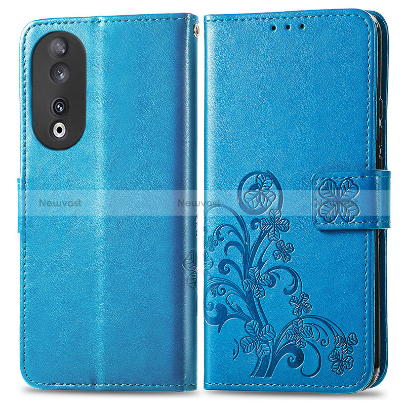 Leather Case Stands Flip Flowers Cover Holder for Huawei Honor 90 5G Blue