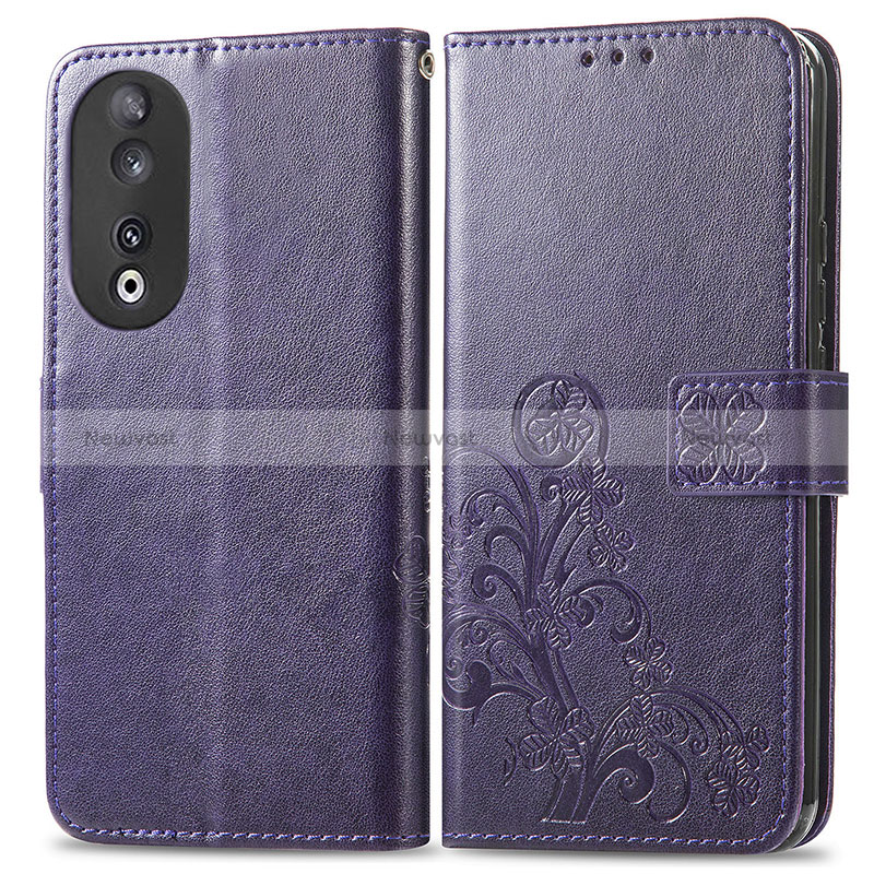 Leather Case Stands Flip Flowers Cover Holder for Huawei Honor 90 5G Purple