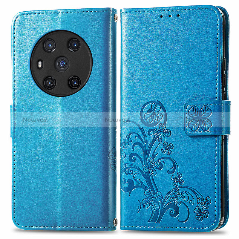 Leather Case Stands Flip Flowers Cover Holder for Huawei Honor Magic3 5G Blue