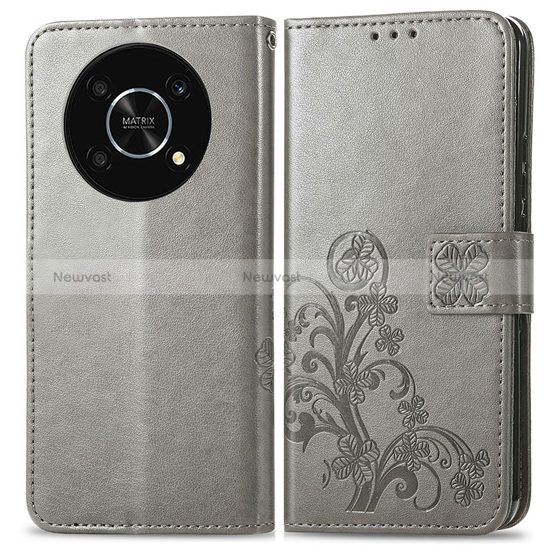 Leather Case Stands Flip Flowers Cover Holder for Huawei Honor Magic4 Lite 5G Gray