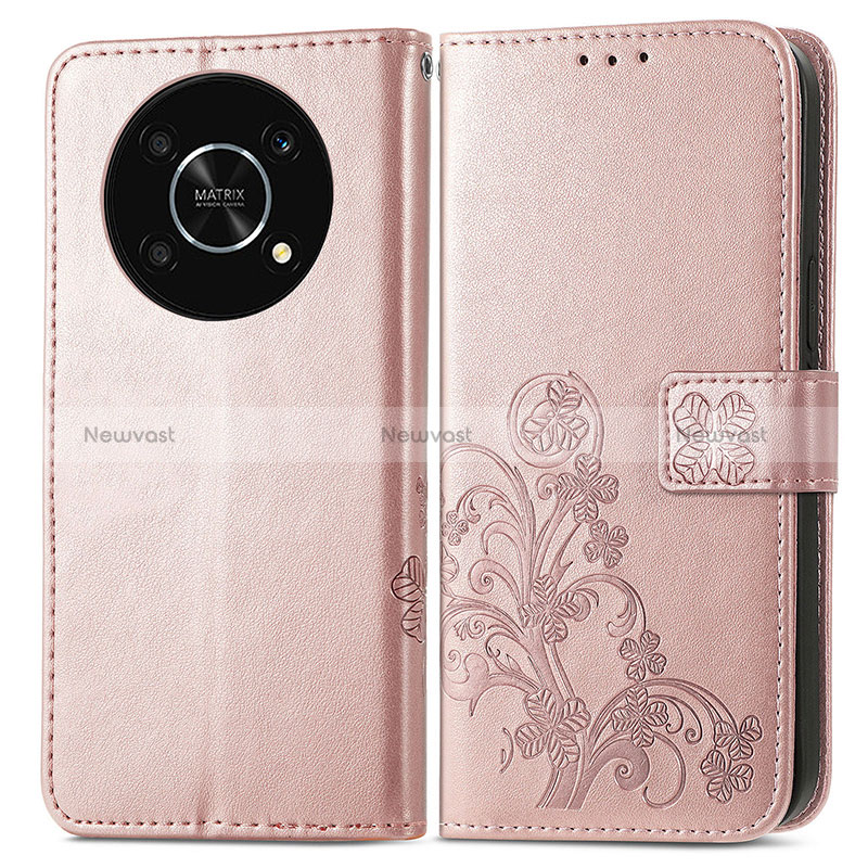 Leather Case Stands Flip Flowers Cover Holder for Huawei Honor Magic4 Lite 5G Rose Gold