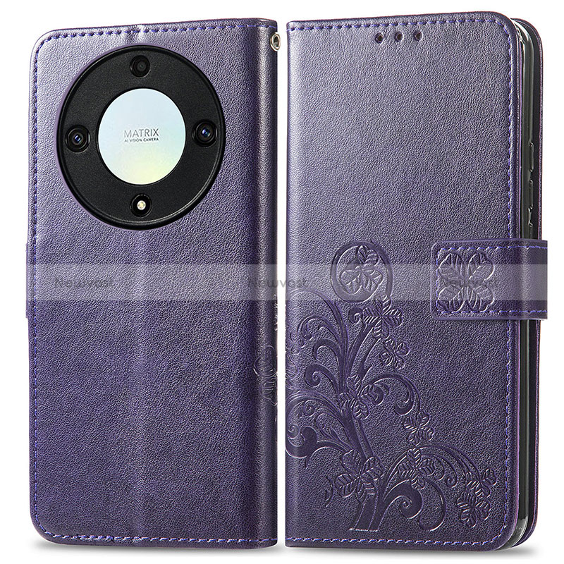 Leather Case Stands Flip Flowers Cover Holder for Huawei Honor Magic5 Lite 5G Purple