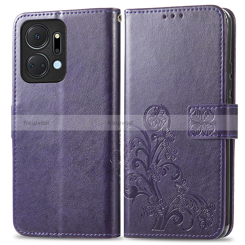 Leather Case Stands Flip Flowers Cover Holder for Huawei Honor X7a Purple