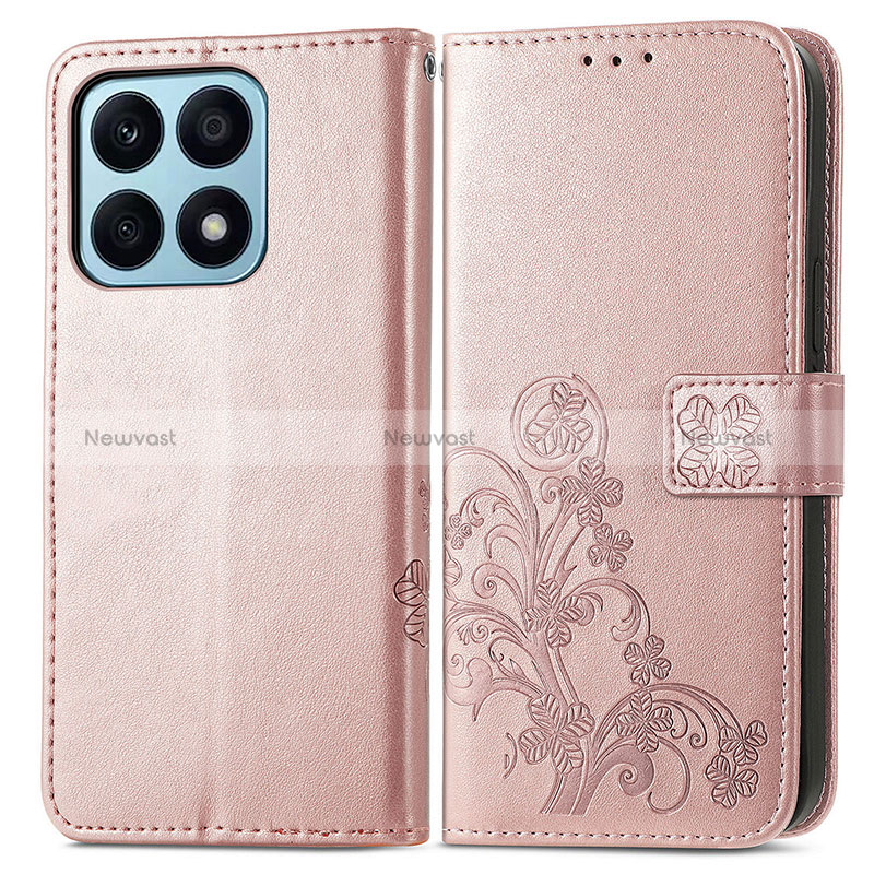 Leather Case Stands Flip Flowers Cover Holder for Huawei Honor X8a 4G Rose Gold