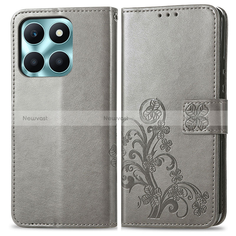 Leather Case Stands Flip Flowers Cover Holder for Huawei Honor X8b Gray