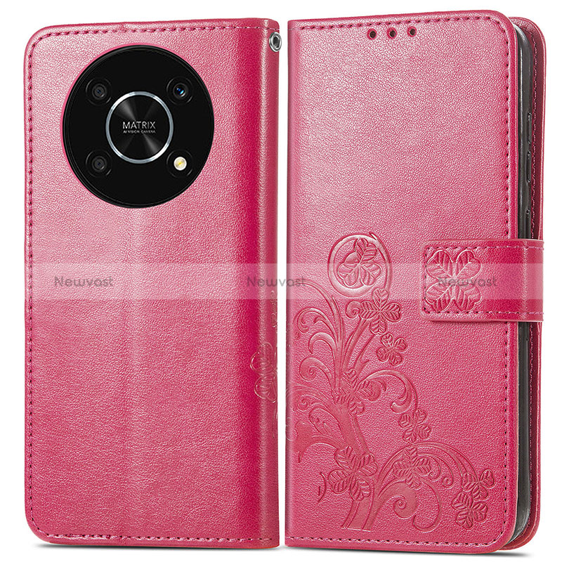 Leather Case Stands Flip Flowers Cover Holder for Huawei Honor X9 5G Hot Pink