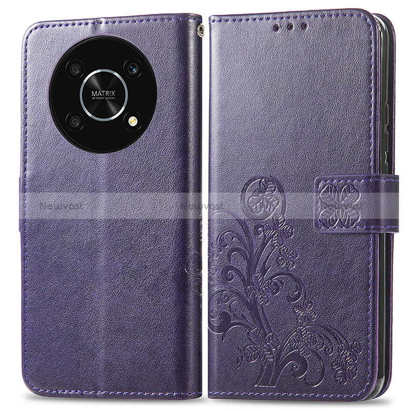 Leather Case Stands Flip Flowers Cover Holder for Huawei Honor X9 5G Purple