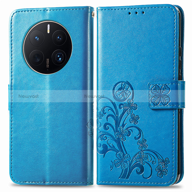 Leather Case Stands Flip Flowers Cover Holder for Huawei Mate 50 Pro Blue