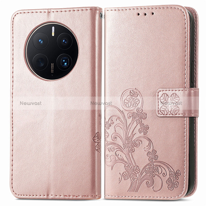 Leather Case Stands Flip Flowers Cover Holder for Huawei Mate 50 Pro Rose Gold