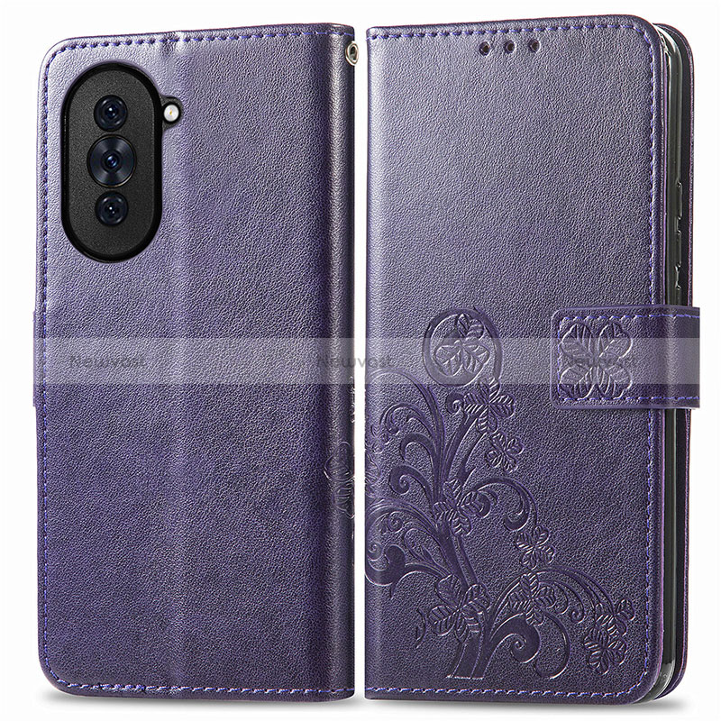 Leather Case Stands Flip Flowers Cover Holder for Huawei Nova 10 Purple