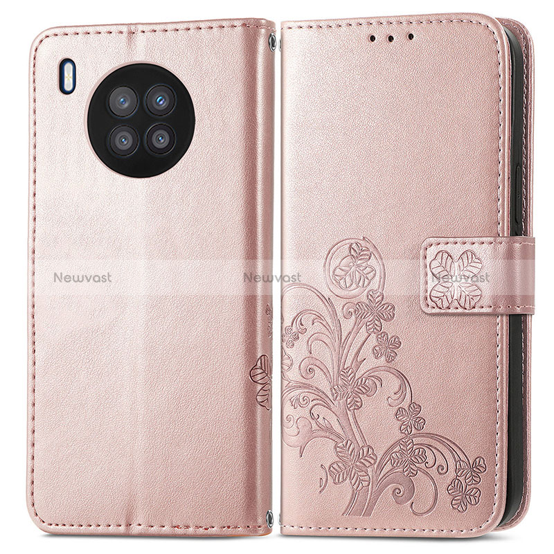 Leather Case Stands Flip Flowers Cover Holder for Huawei Nova 8i Rose Gold