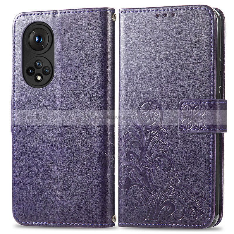 Leather Case Stands Flip Flowers Cover Holder for Huawei Nova 9 Purple