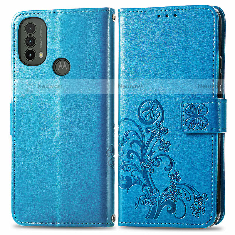 Leather Case Stands Flip Flowers Cover Holder for Motorola Moto E20 Blue