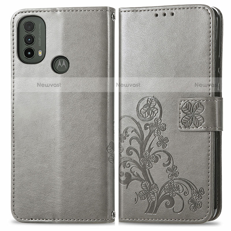 Leather Case Stands Flip Flowers Cover Holder for Motorola Moto E20 Gray