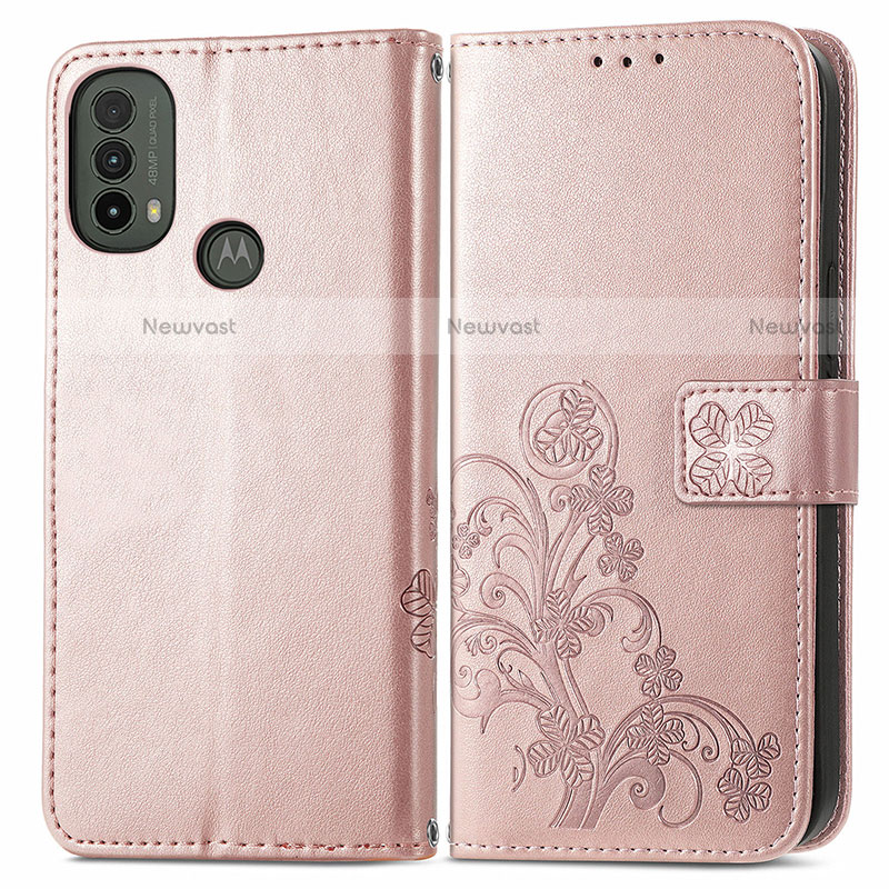 Leather Case Stands Flip Flowers Cover Holder for Motorola Moto E20 Pink