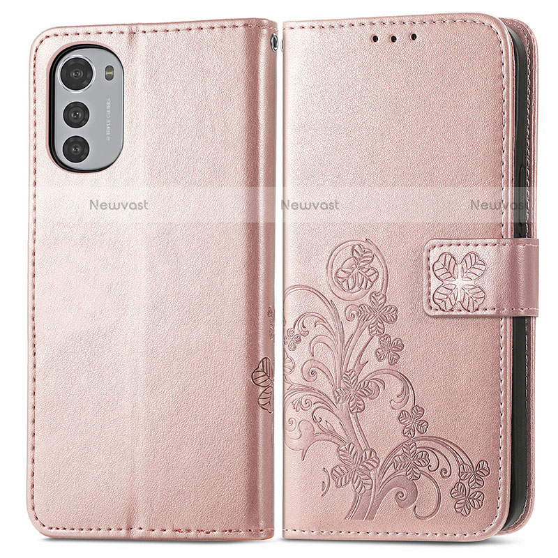 Leather Case Stands Flip Flowers Cover Holder for Motorola Moto E32s Pink