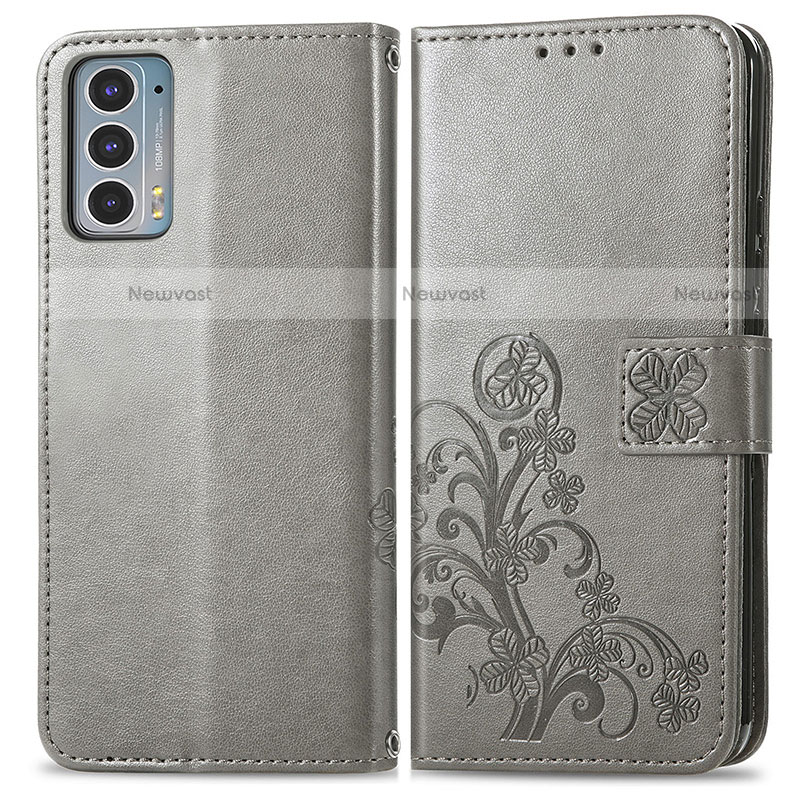 Leather Case Stands Flip Flowers Cover Holder for Motorola Moto Edge 20 5G Gray