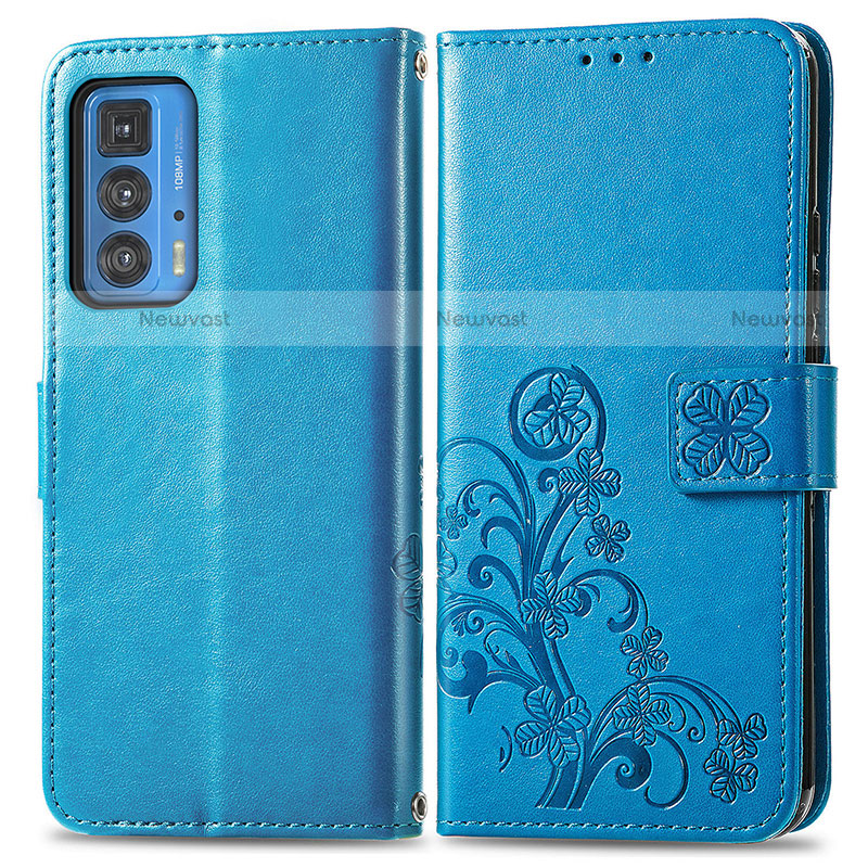 Leather Case Stands Flip Flowers Cover Holder for Motorola Moto Edge 20 Pro 5G Blue