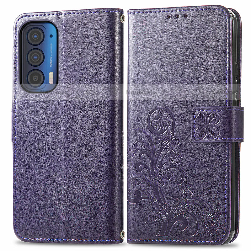 Leather Case Stands Flip Flowers Cover Holder for Motorola Moto Edge (2021) 5G Purple