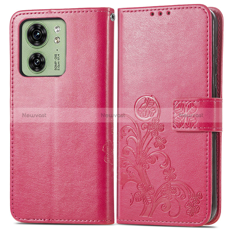 Leather Case Stands Flip Flowers Cover Holder for Motorola Moto Edge (2023) 5G Hot Pink