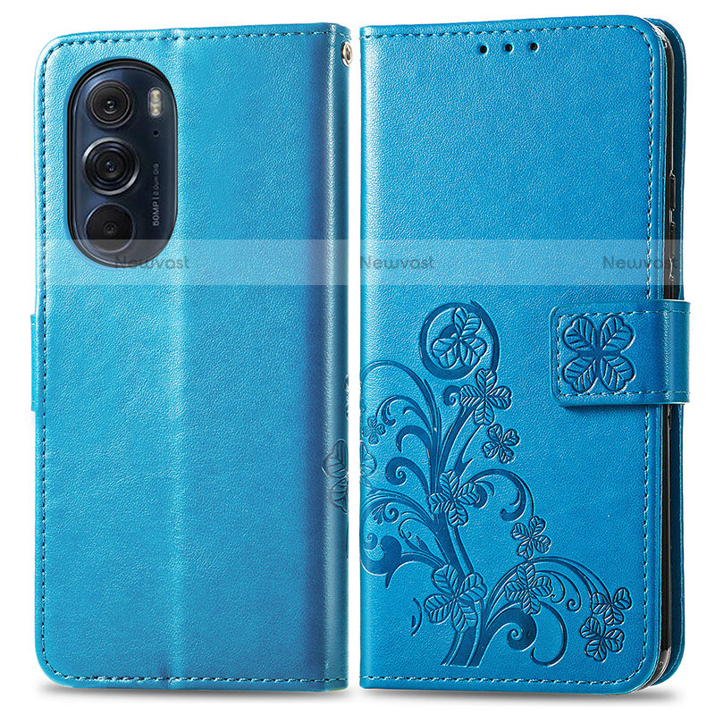 Leather Case Stands Flip Flowers Cover Holder for Motorola Moto Edge 30 Pro 5G Blue