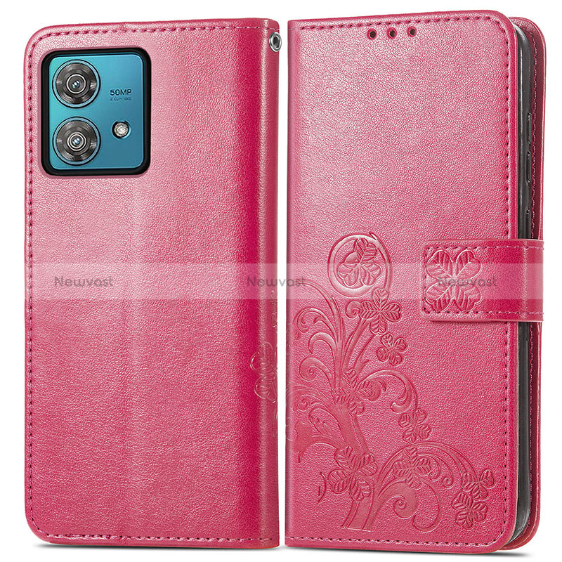 Leather Case Stands Flip Flowers Cover Holder for Motorola Moto Edge 40 Neo 5G Hot Pink