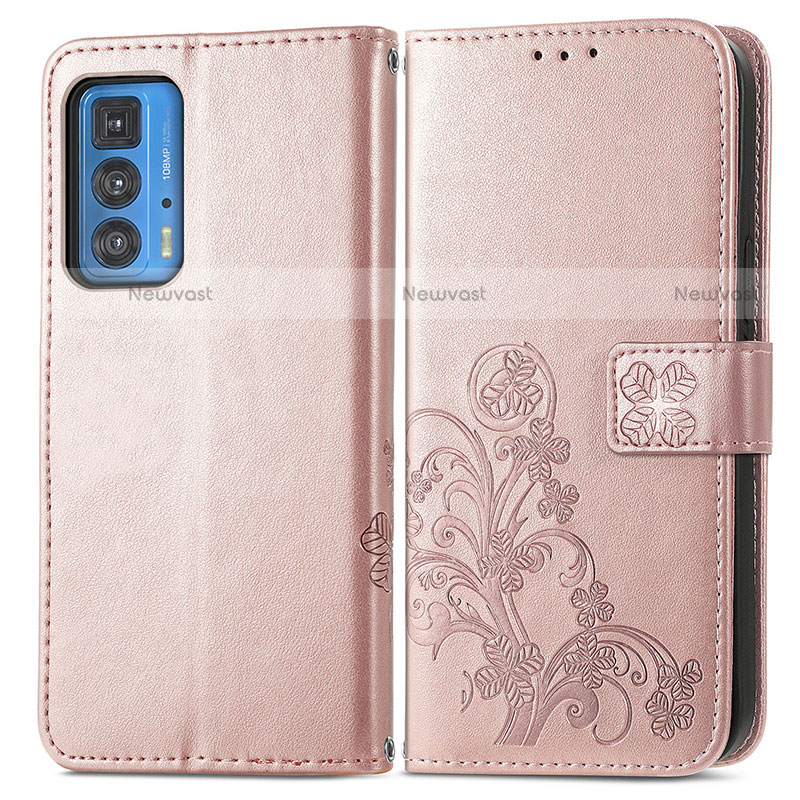 Leather Case Stands Flip Flowers Cover Holder for Motorola Moto Edge S Pro 5G Pink