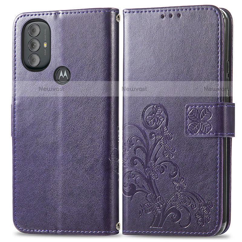 Leather Case Stands Flip Flowers Cover Holder for Motorola Moto G Play (2023) Purple