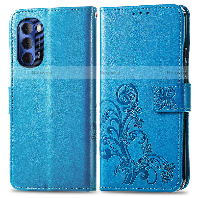 Leather Case Stands Flip Flowers Cover Holder for Motorola Moto G Stylus (2022) 4G Blue