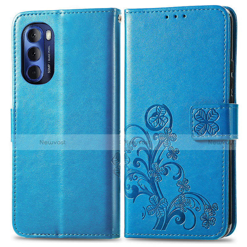 Leather Case Stands Flip Flowers Cover Holder for Motorola Moto G Stylus (2022) 5G Blue
