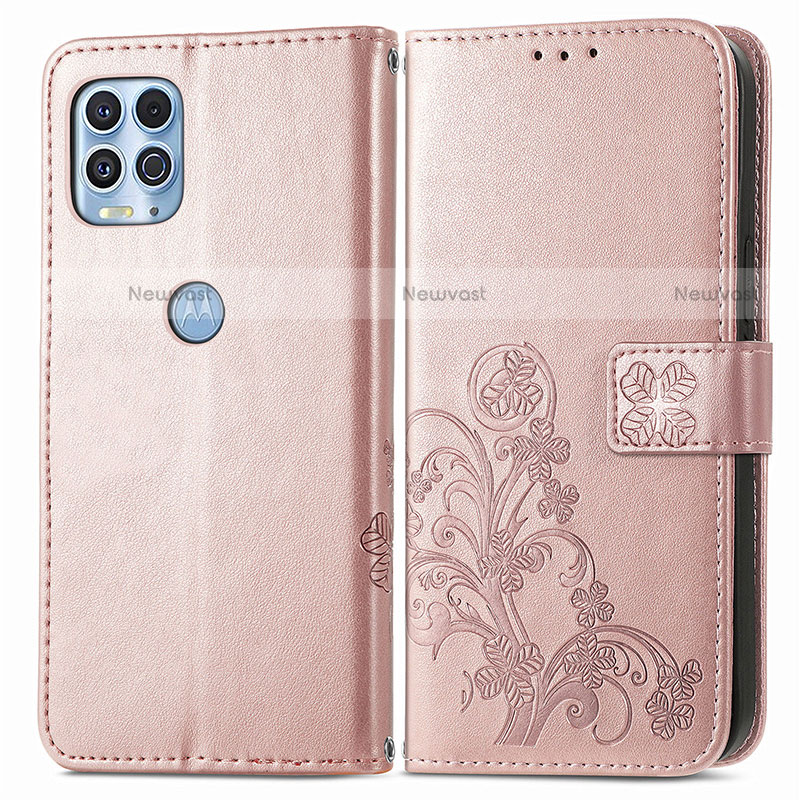 Leather Case Stands Flip Flowers Cover Holder for Motorola Moto G100 5G Pink