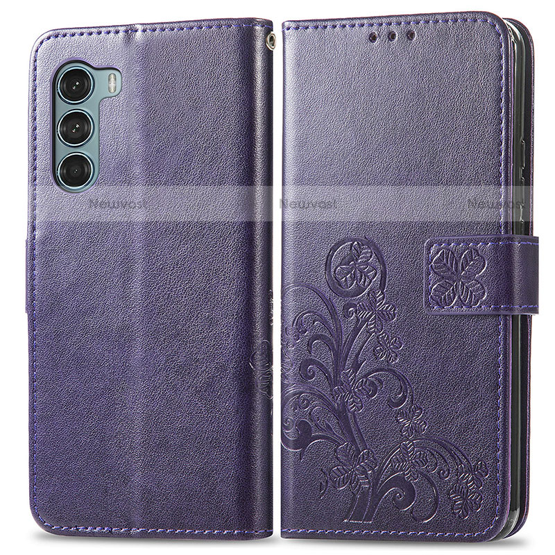 Leather Case Stands Flip Flowers Cover Holder for Motorola Moto G200 5G Purple