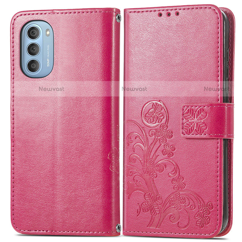 Leather Case Stands Flip Flowers Cover Holder for Motorola Moto G51 5G Red