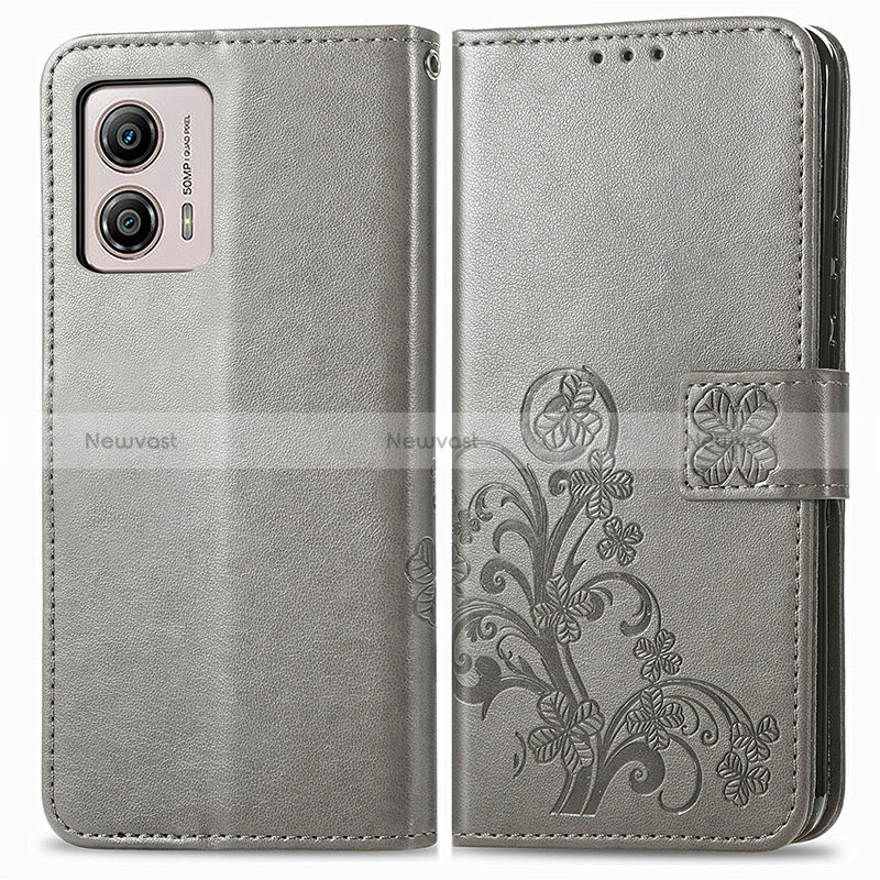 Leather Case Stands Flip Flowers Cover Holder for Motorola Moto G53j 5G Gray