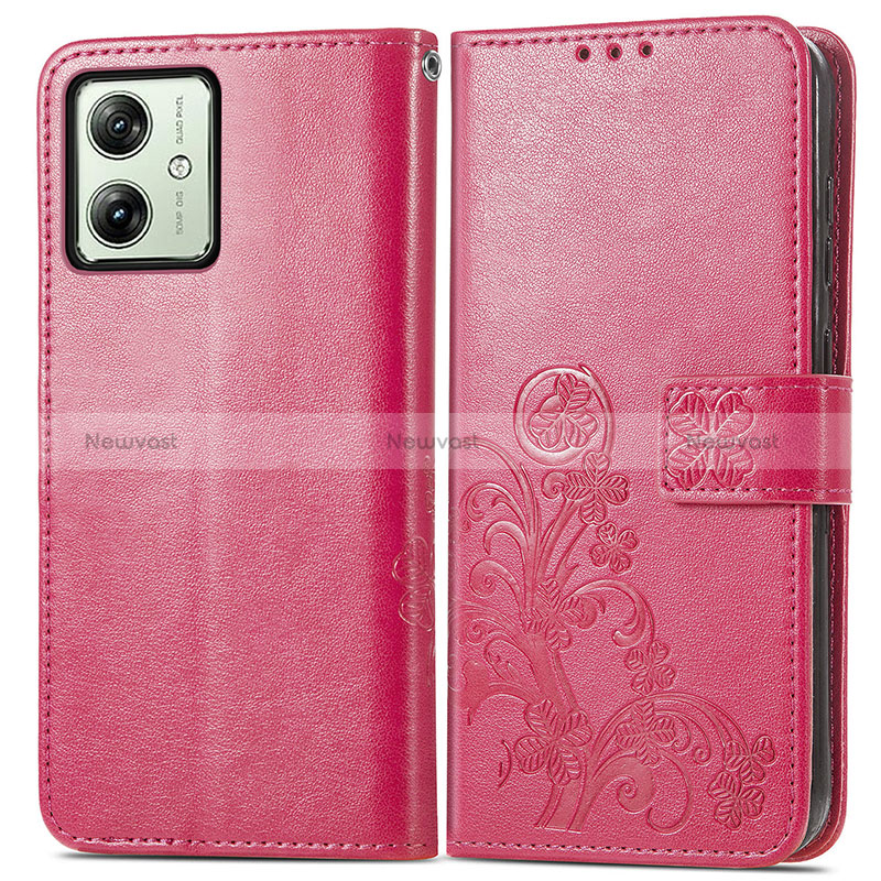 Leather Case Stands Flip Flowers Cover Holder for Motorola Moto G54 5G Hot Pink