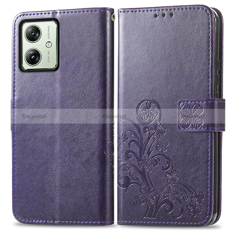 Leather Case Stands Flip Flowers Cover Holder for Motorola Moto G54 5G Purple