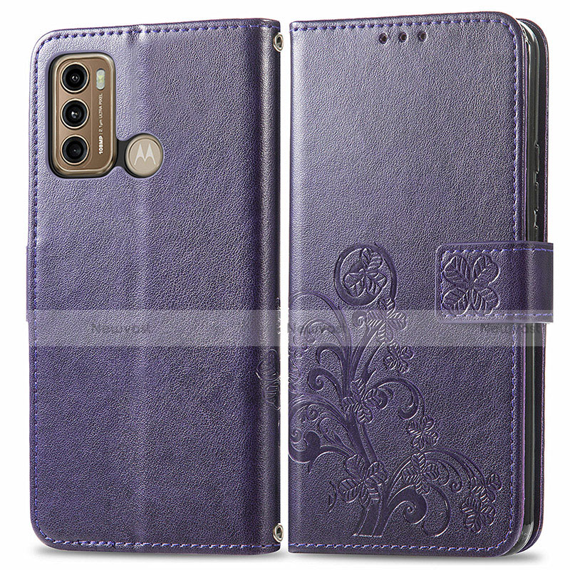 Leather Case Stands Flip Flowers Cover Holder for Motorola Moto G60 Purple