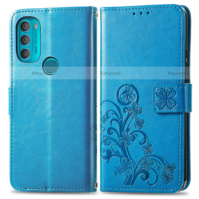 Leather Case Stands Flip Flowers Cover Holder for Motorola Moto G71 5G Blue