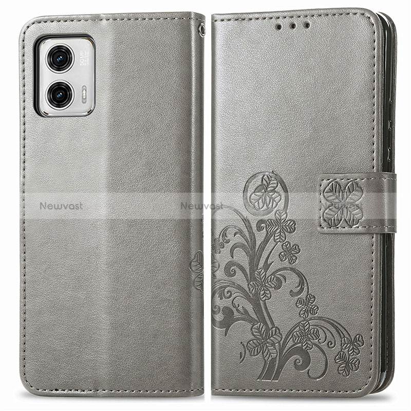 Leather Case Stands Flip Flowers Cover Holder for Motorola Moto G73 5G Gray