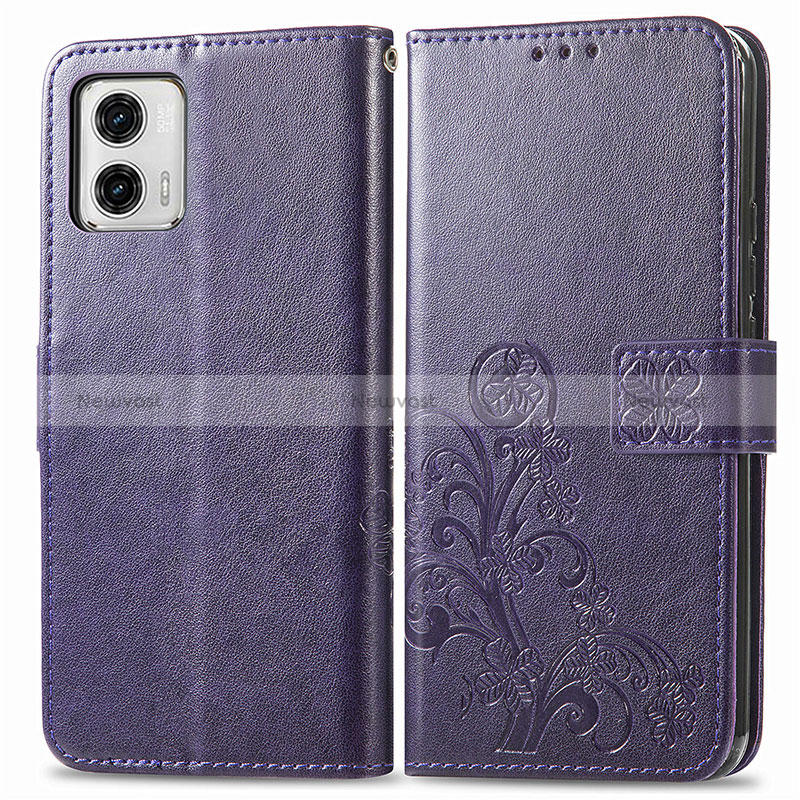 Leather Case Stands Flip Flowers Cover Holder for Motorola Moto G73 5G Purple