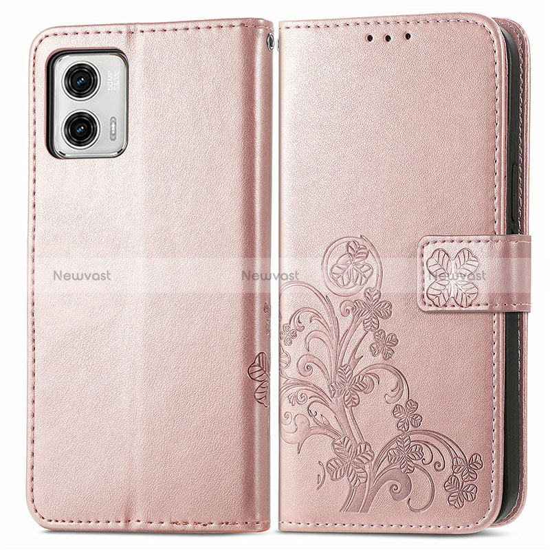 Leather Case Stands Flip Flowers Cover Holder for Motorola Moto G73 5G Rose Gold
