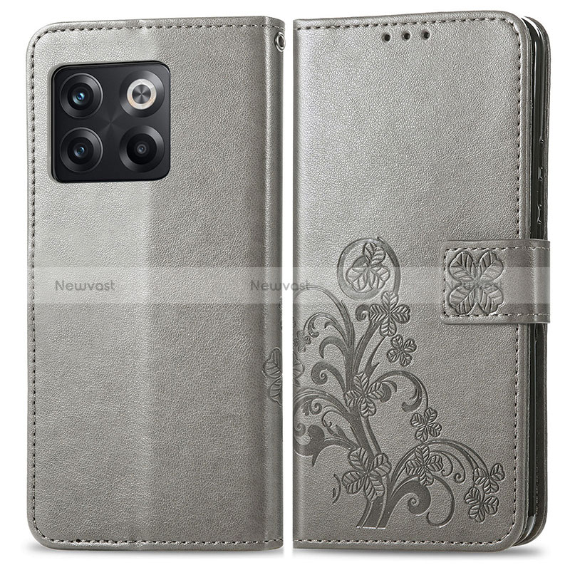 Leather Case Stands Flip Flowers Cover Holder for OnePlus Ace Pro 5G Gray