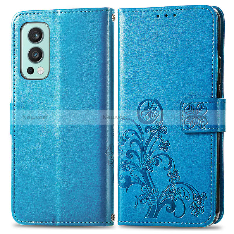 Leather Case Stands Flip Flowers Cover Holder for OnePlus Nord 2 5G Blue